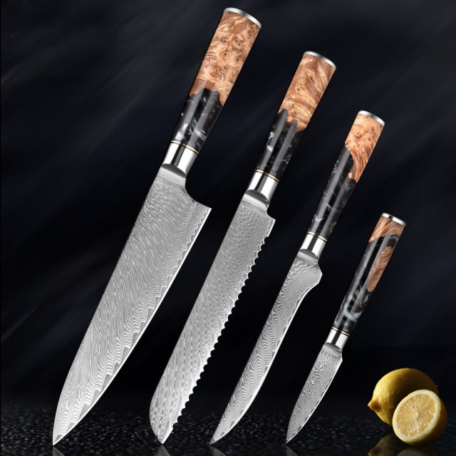 SAKUTO (作東) Japanese Damascus Steel Kitchen Knife Set With Resin Handle