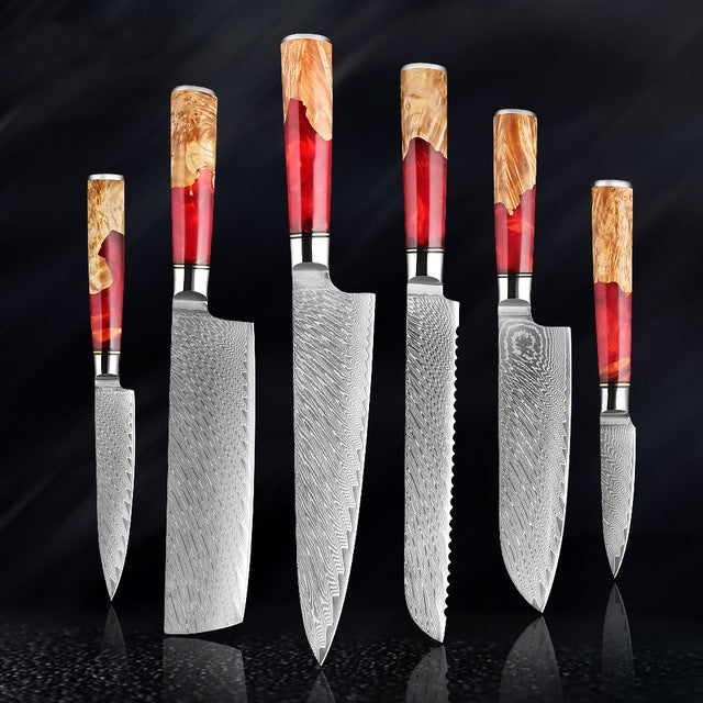 SAKUTO (作東) Japanese Damascus Steel Kitchen Knife Set With Resin Handle