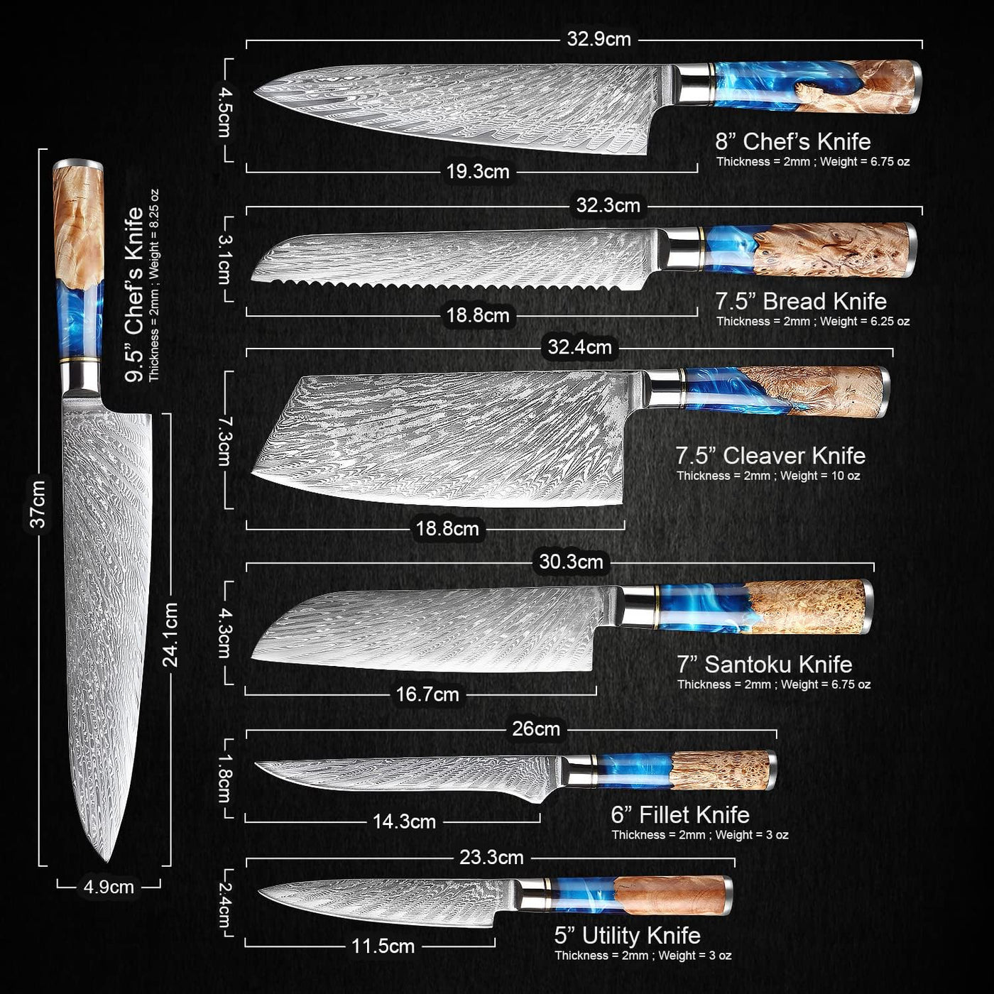 SAKUTO (作東) Japanese Damascus Steel Kitchen Knife Set With Resin Handle