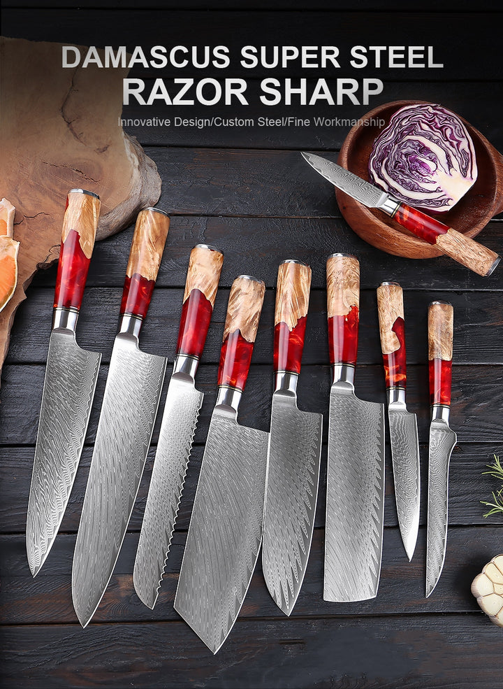 SAKUTO (作東) Japanese Damascus Steel Kitchen Knife Set With Resin Handle