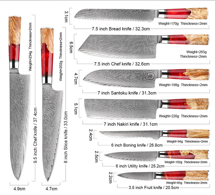 SAKUTO (作東) Japanese Damascus Steel Kitchen Knife Set With Resin Handle