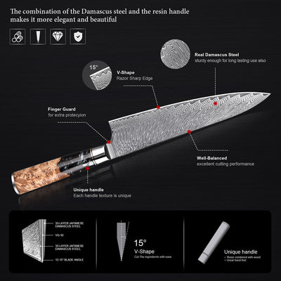 SAKUTO (作東) Japanese Damascus Steel Kitchen Knife Set With Resin Handle